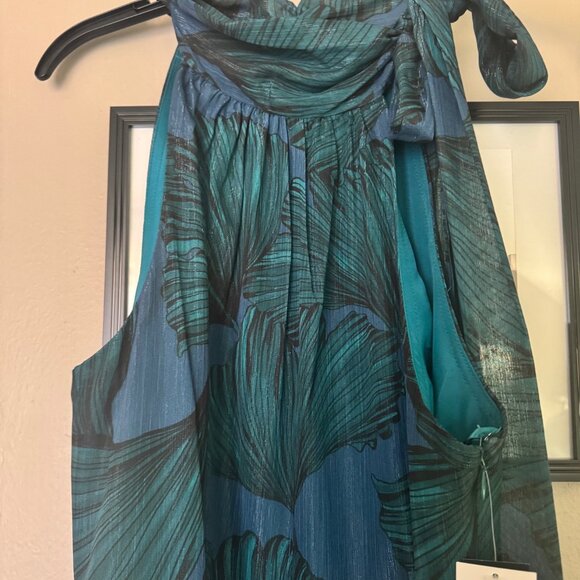 Betsy Adam High Neck Teal Gown - Picture 2 of 10